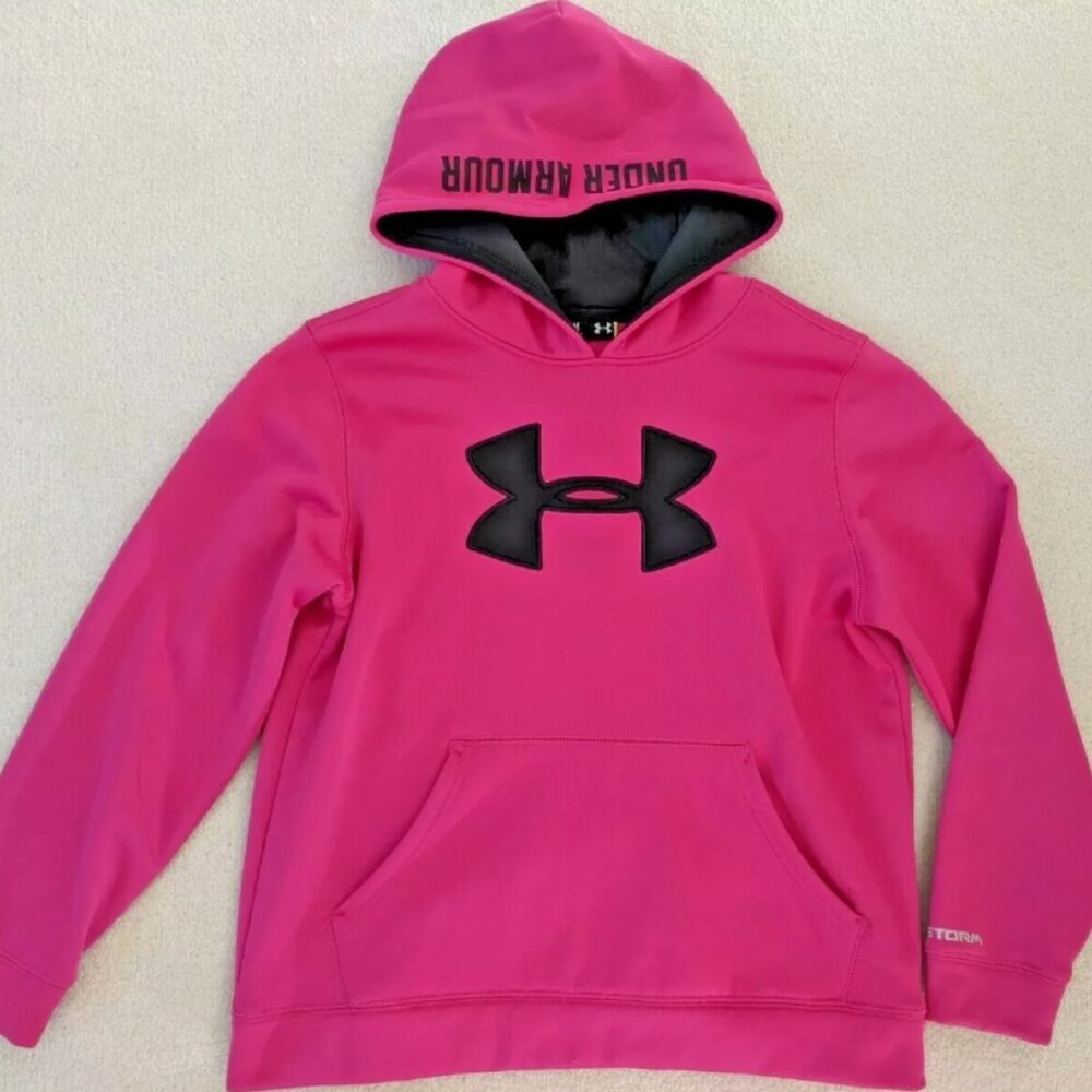 Hot Pink Girl's UNDER ARMOUR HOODIE SWEATSHIRT Black Logo Size Youth Large YLG